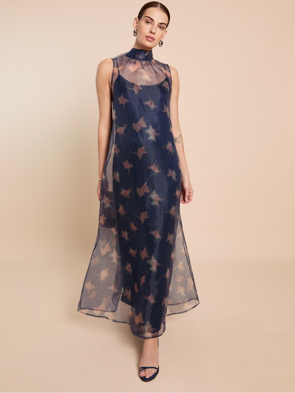 Caara Alette Sheer Navy Flutter Floral Overlay Maxi Dress NWT SZ L